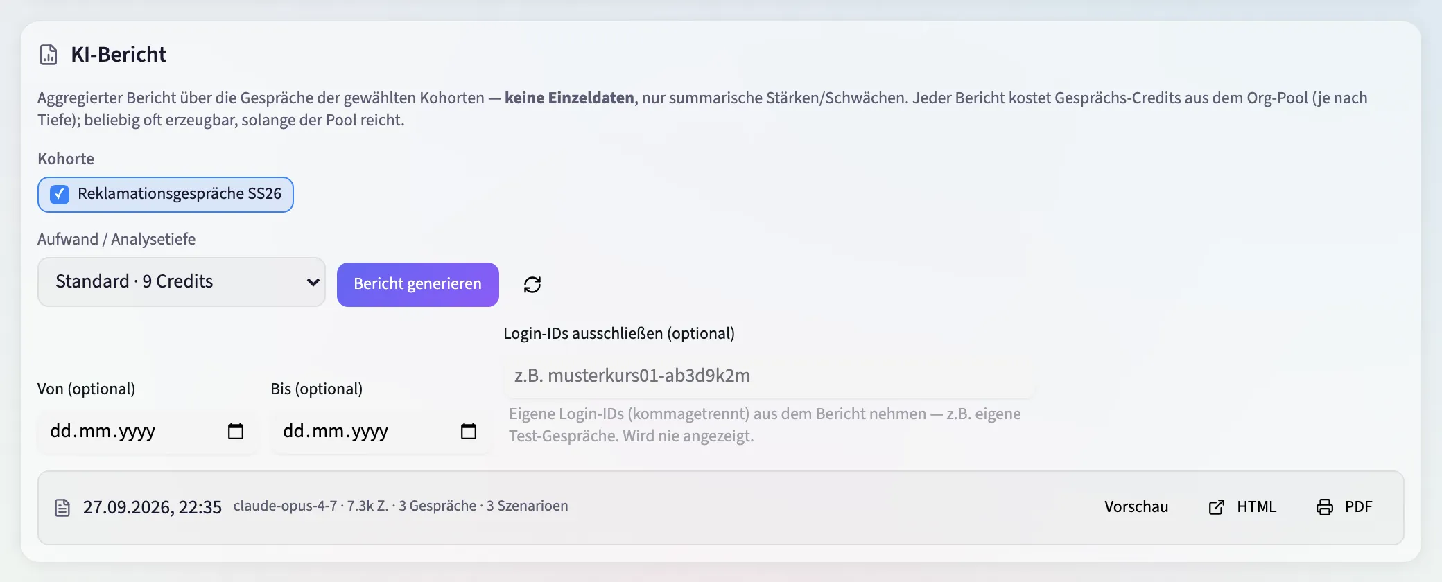 Die Sektion „KI-Bericht" mit Kohortenauswahl, Analysetiefe samt Preisen und den Filtern