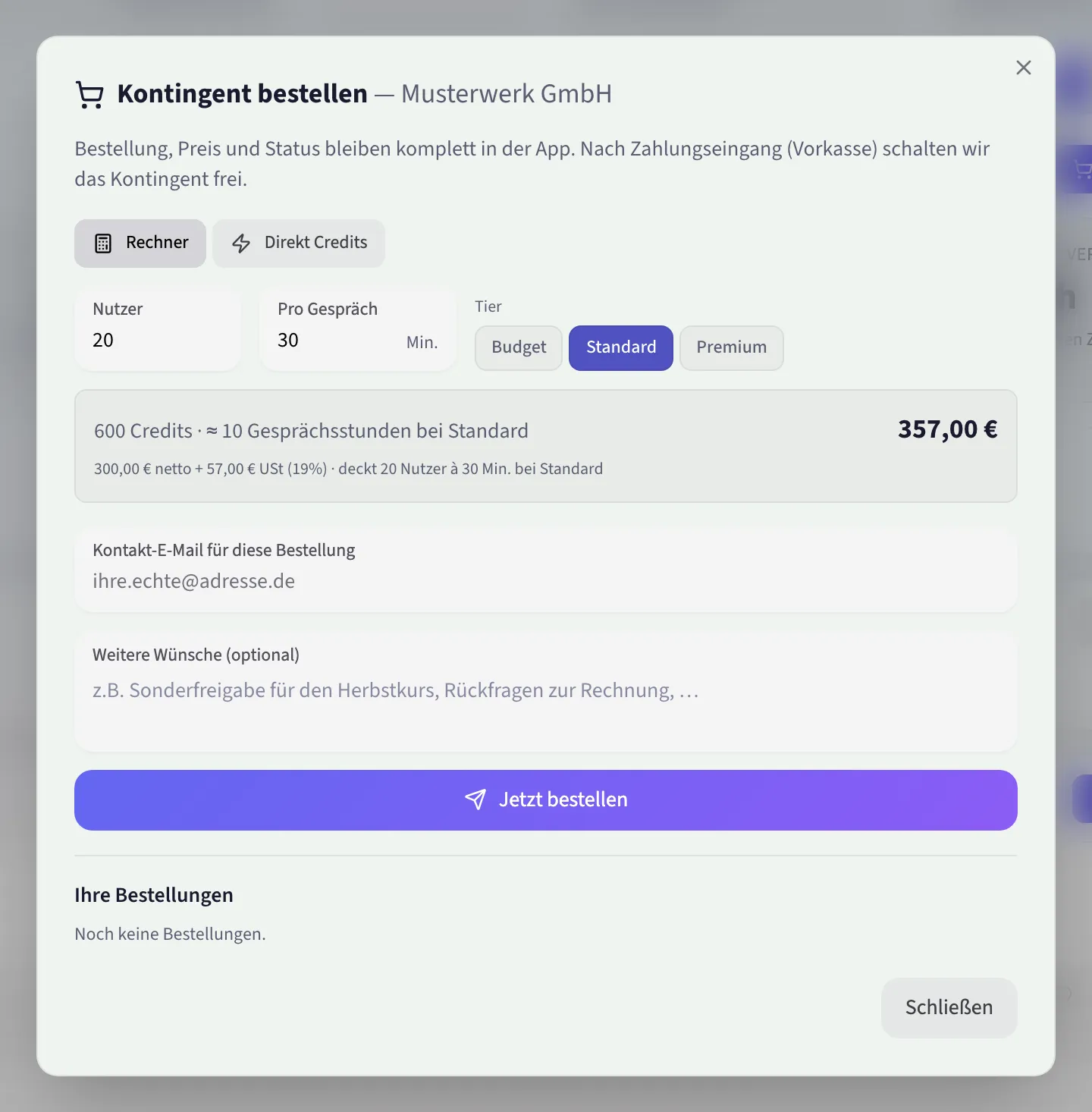Der Bestelldialog rechnet mit: Nutzerzahl, Minuten und Tarifstufe ergeben Credits, Stunden und Preis