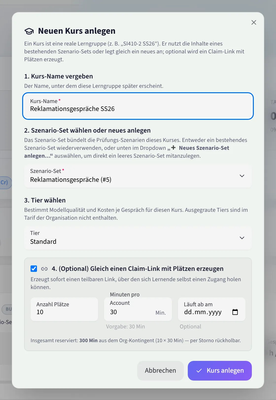 Der Dialog „Neuen Kurs anlegen" mit allen vier Schritten