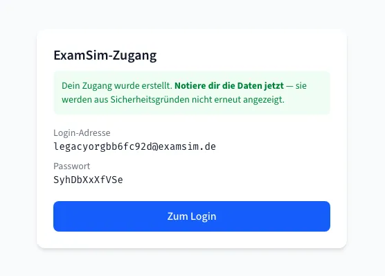 Zugangsdaten nach dem Bestätigen