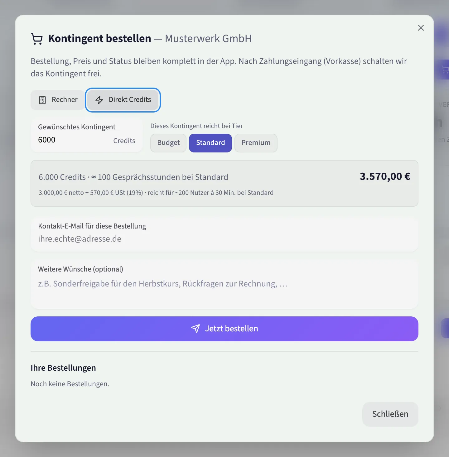 Dieselbe Bestellung über eine Credit-Menge