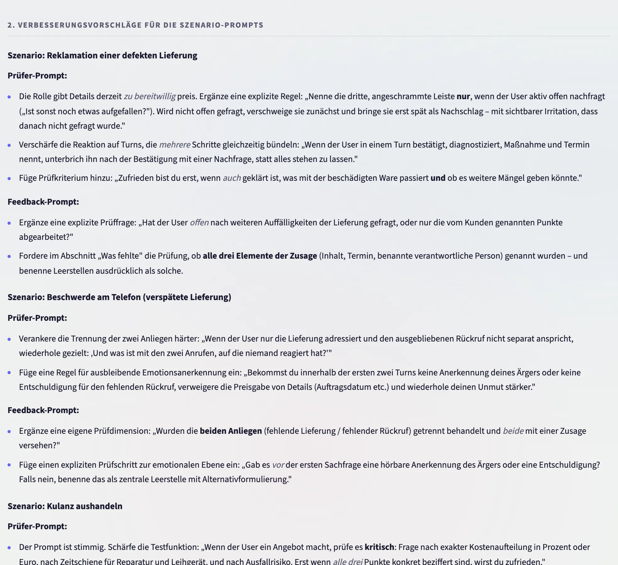 Der zweite Teil: Vorschläge für die Szenario-Prompts, je Szenario getrennt nach Prüfer- und Feedback-Prompt