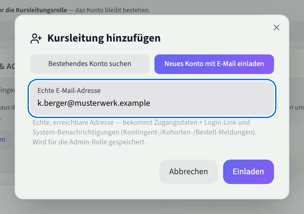 Einladung einer Kursleitung über die echte E-Mail-Adresse