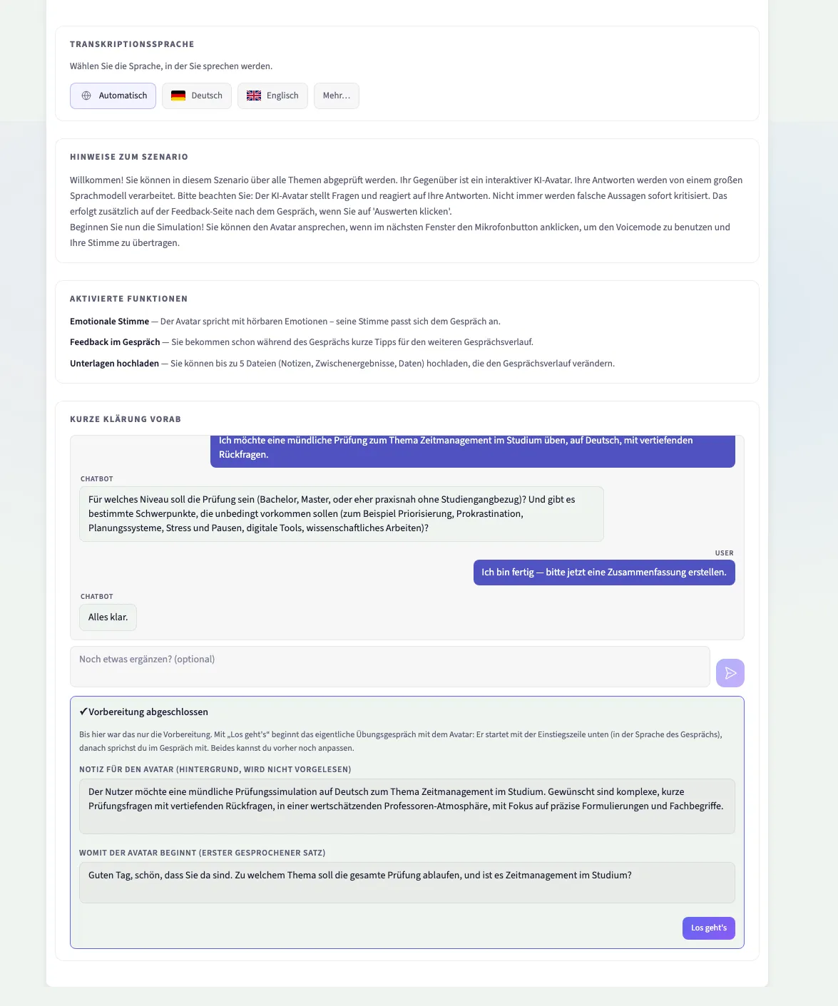 Klärungschat mit Zusammenfassung und vorgeschlagenem Gesprächseinstieg vor dem Start
