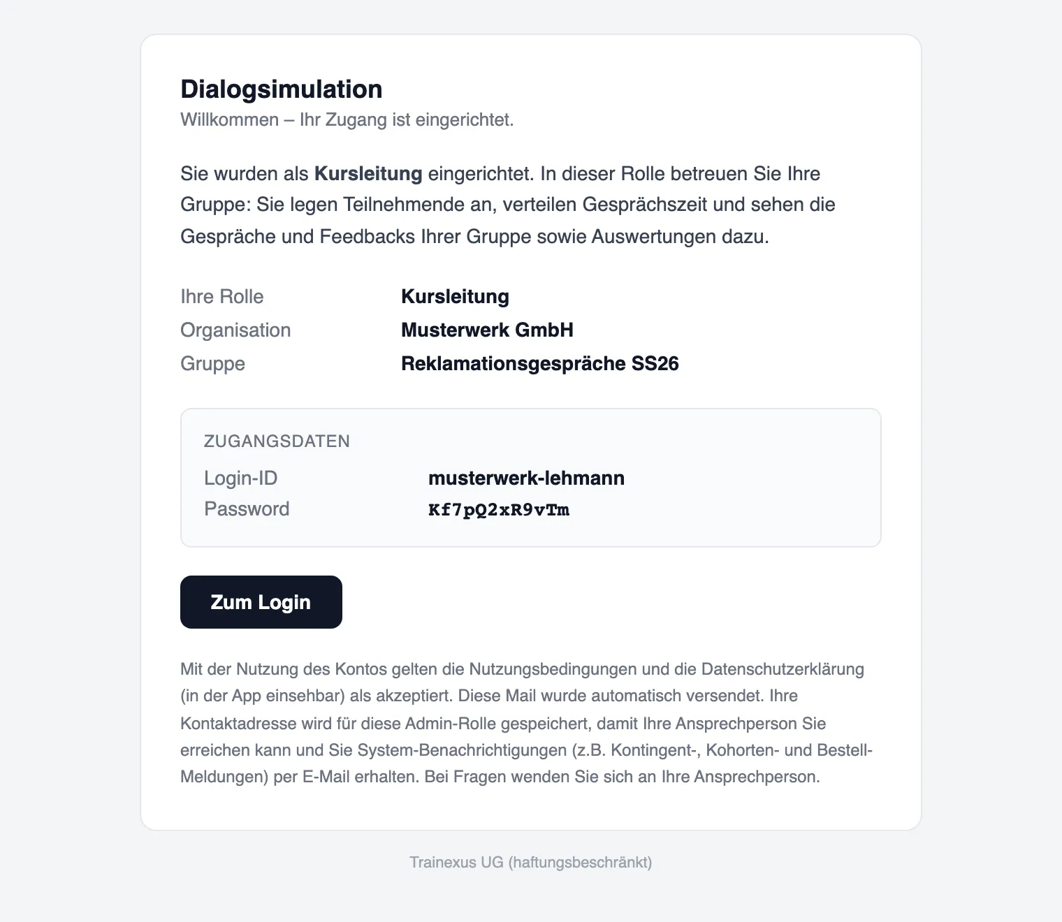 Die Willkommensmail einer Kursleitung mit Rolle, Zugangsdaten und Login-Knopf