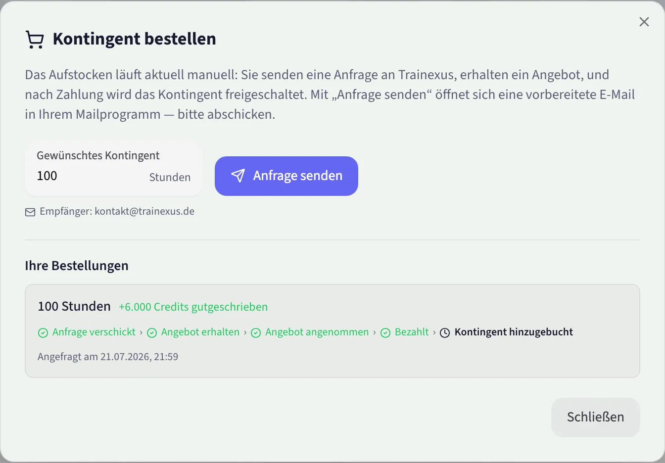 Kontingent bestellen mit Bestellstatus