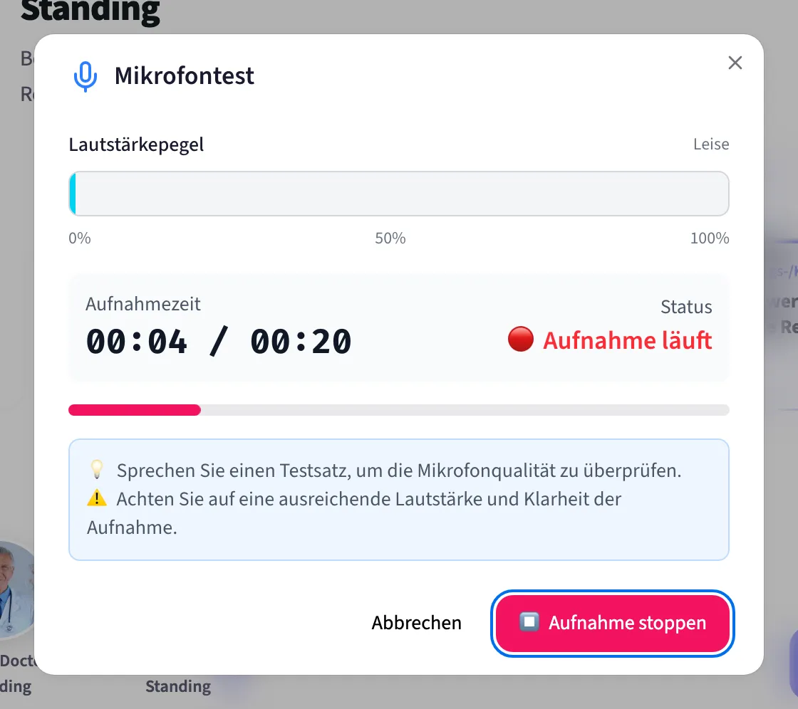 Der Mikrofontest mit Geräteauswahl und Pegelanzeige
