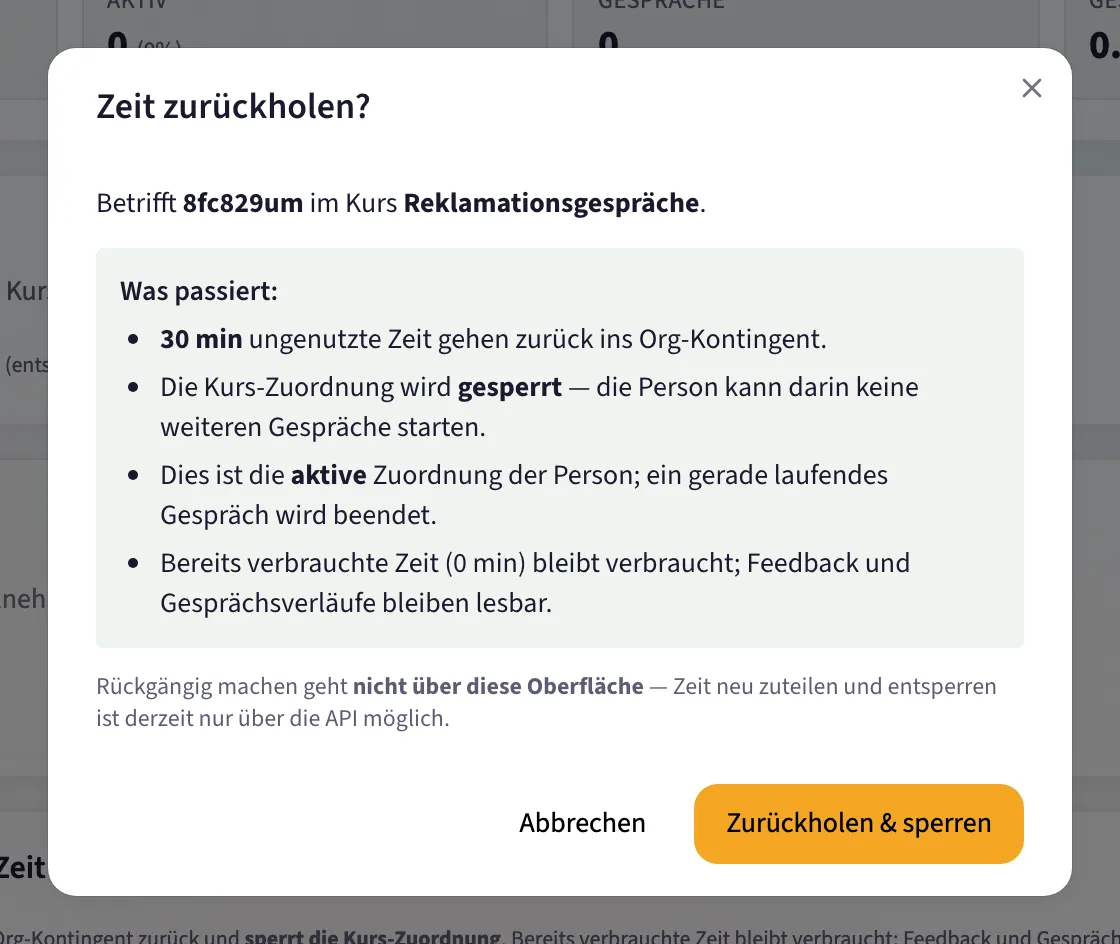 Der Dialog „Zeit zurückholen?" nennt beide Folgen: Zeit zurück und Zuordnung gesperrt