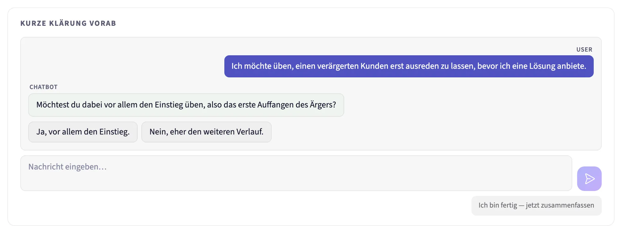 Der vorgeschaltete Chat: eine Rückfrage und zwei Antwortvorschläge zum Anklicken