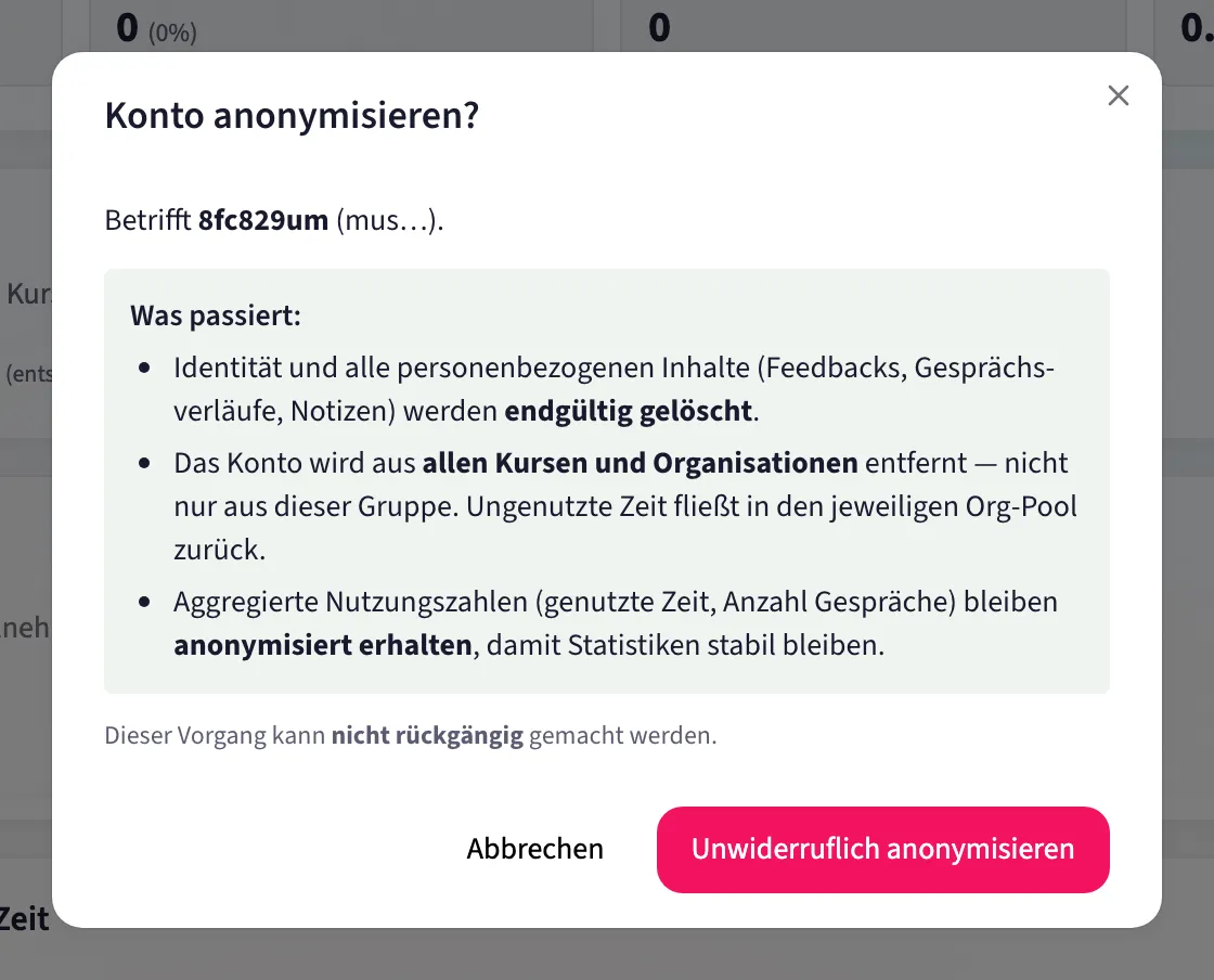 Der Dialog „Konto anonymisieren?" gilt für alle Kurse und Organisationen, nicht nur für diesen Kurs