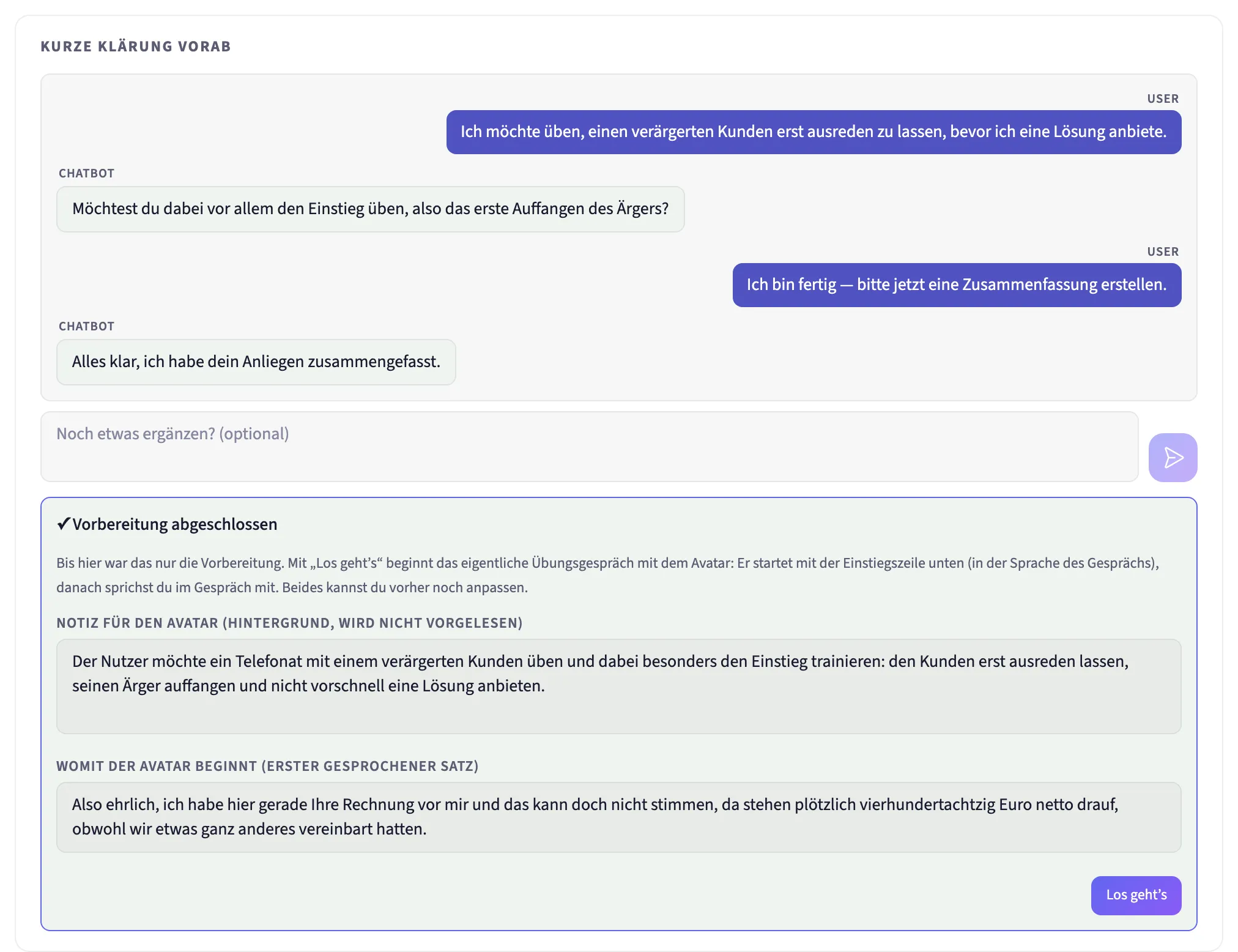Das Ergebnis der Klärung: Notiz für den Avatar, erster gesprochener Satz und der Knopf „Los geht's"