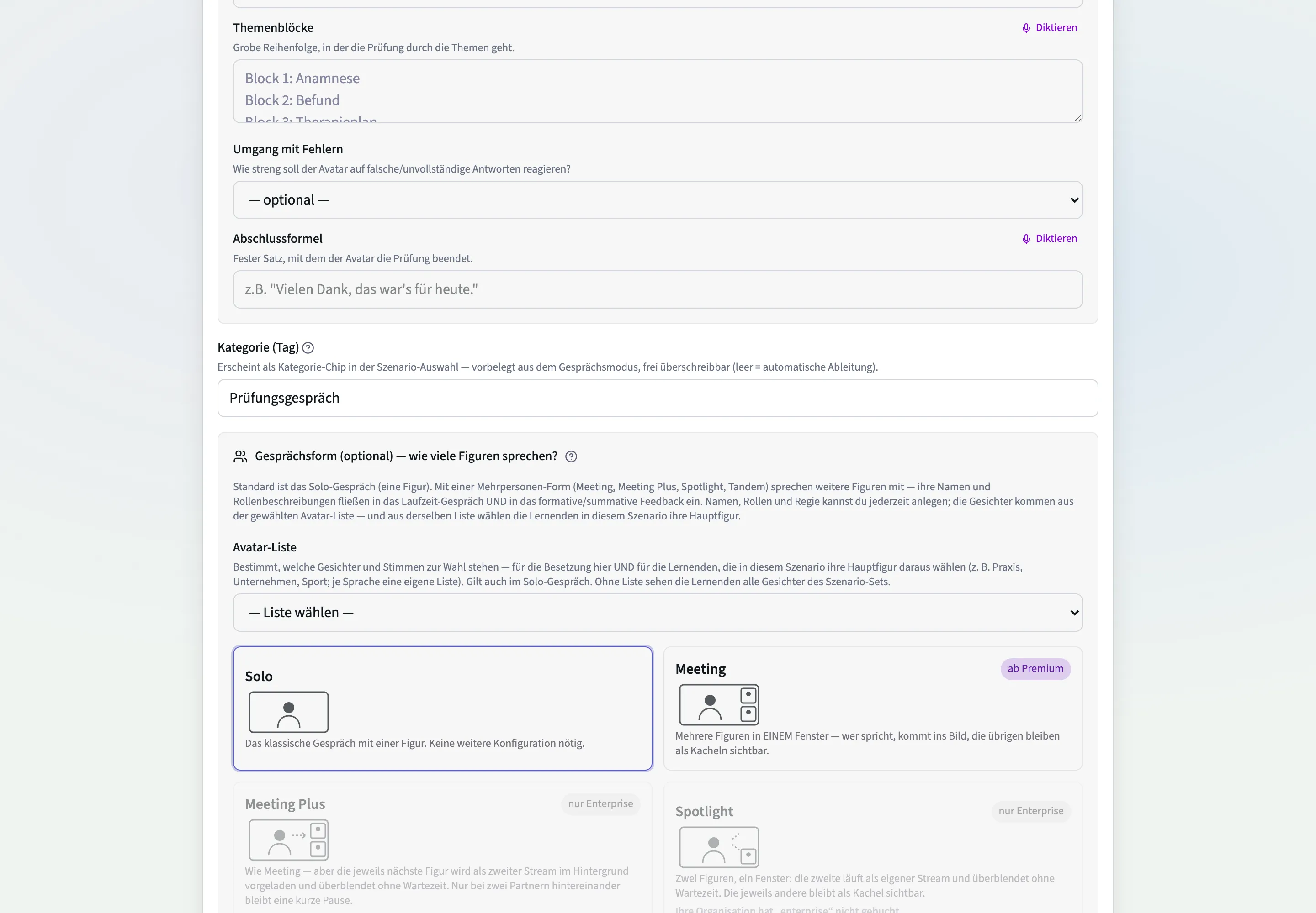 Die Gesprächsformen im Setup, mit Hinweis auf die nicht gebuchte Stufe