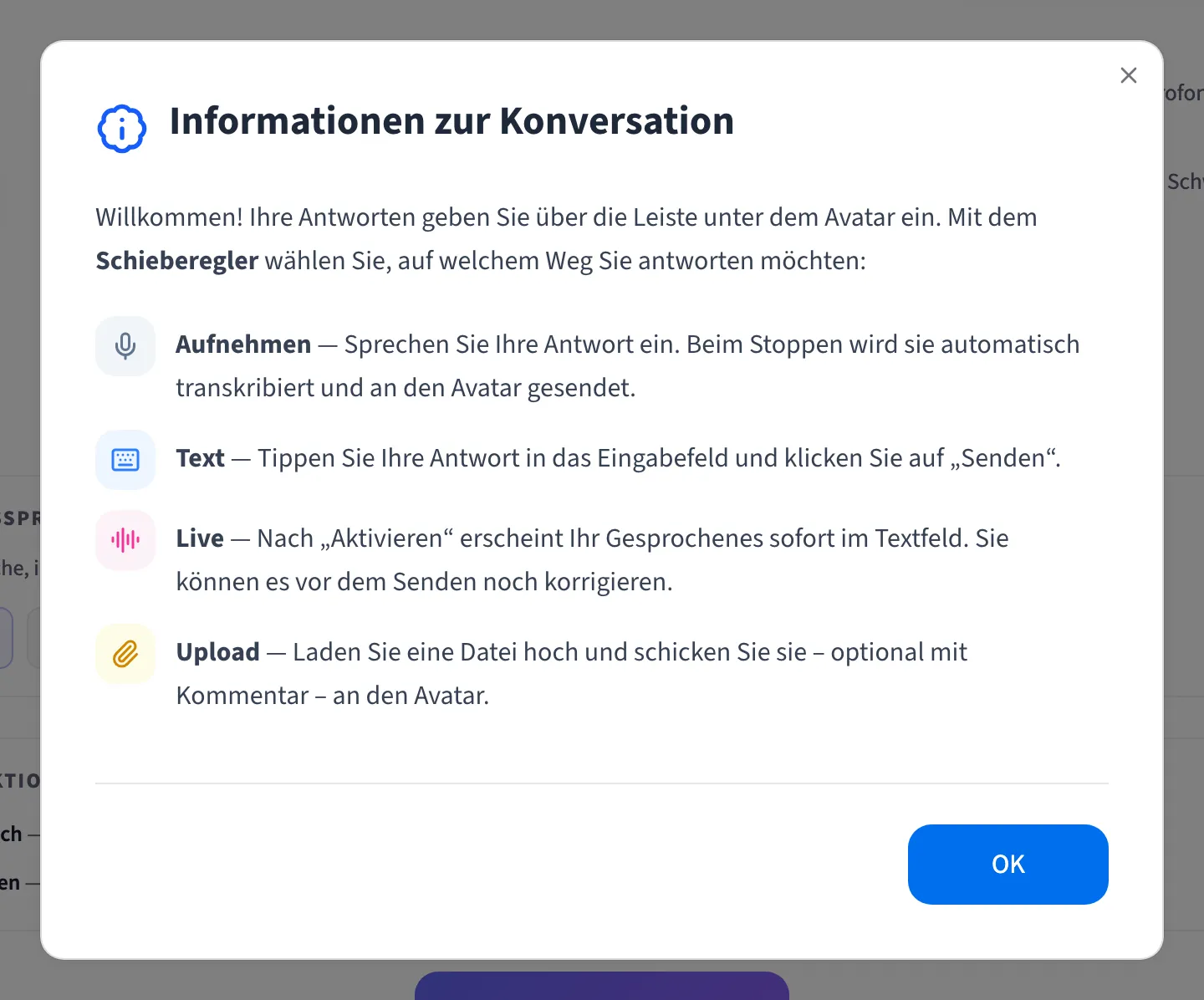 Hat ein Szenario keinen eigenen Hinweistext, erklärt dieses Fenster die Bedienung
