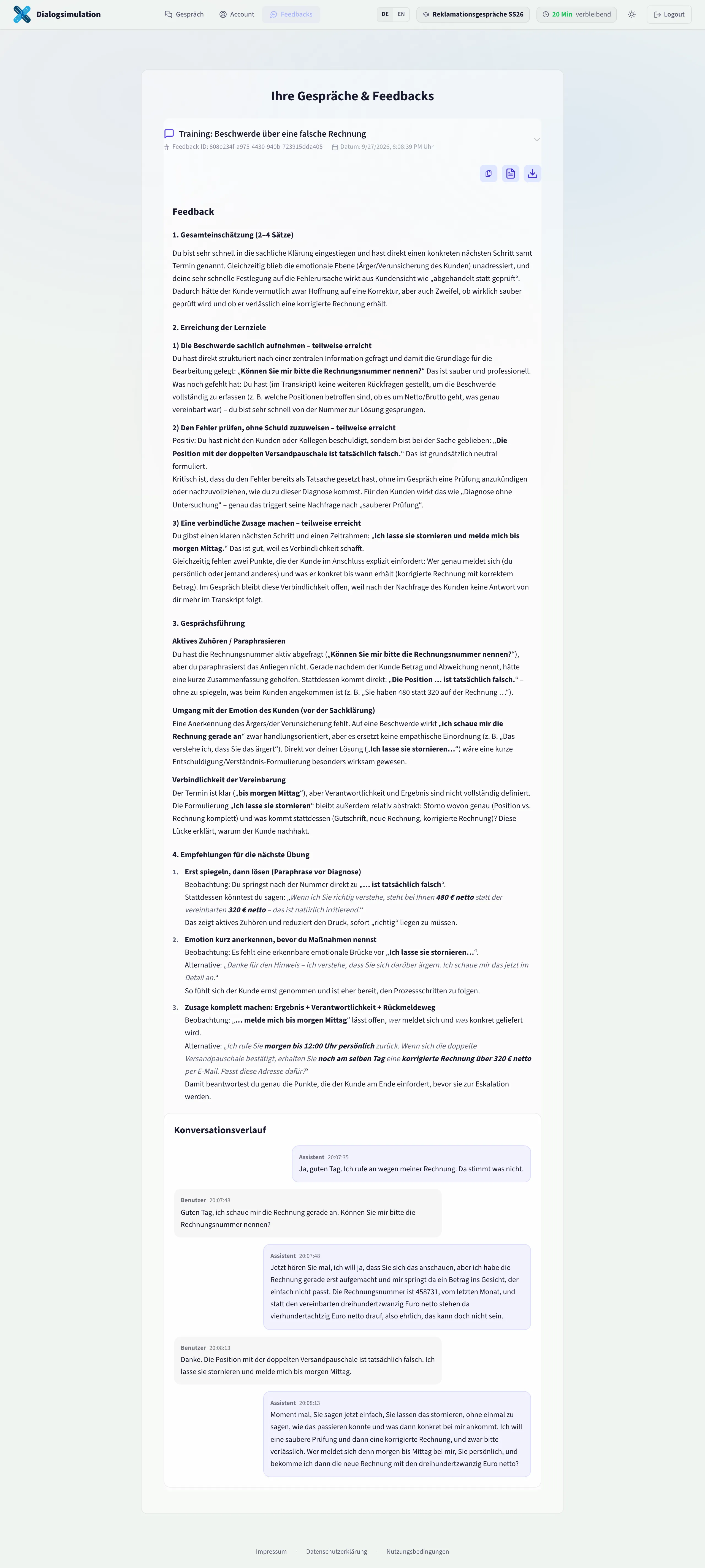 Das erzeugte Feedback: Gesamteinschätzung, Lernziele mit Zitaten, Gesprächsführung und Empfehlungen